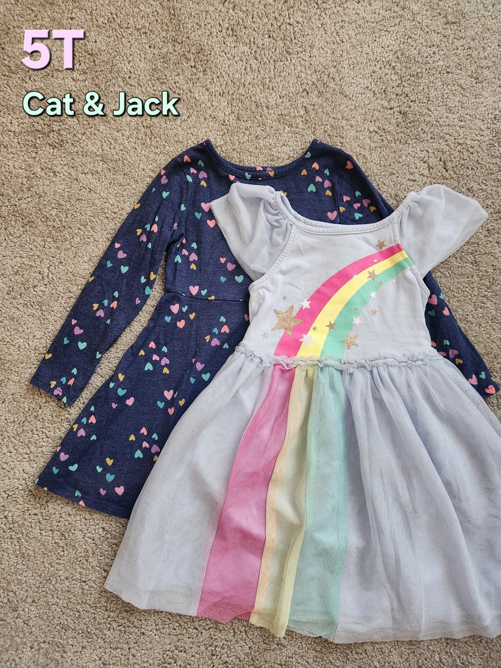 Cat & Jack Girls' Rainbow Tulle Dress - White & Navy Heart Layered Set, 5T
